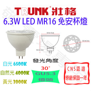 【敬】買20送禮卷 壯格 6.3W GU5.3 免安 杯燈 MR16 LED 燈泡 全電壓 免變壓器 投射 投光 崁燈