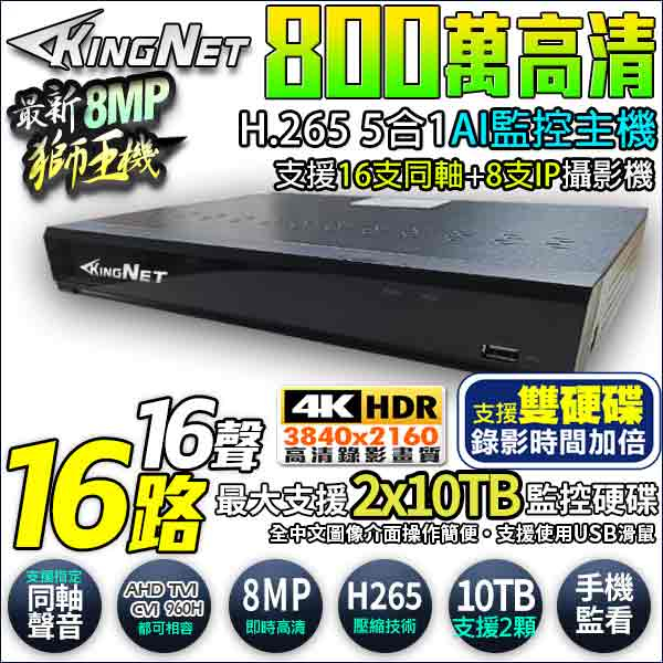 800萬 16路 16聲同軸音頻 4K監視器主機 8MP H.265 監控主機 TVI/AHD/CVI/960H 雙碟