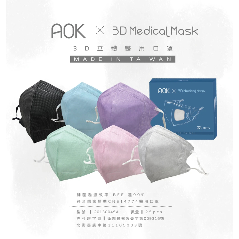 AOK 醫療口罩  3D 立體醫用口罩 N95符合歐美Niosh/FFP2醫療規範 (小童S/大童M/成人L/加大XL)