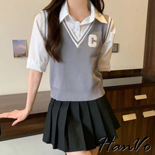 【HanVo】學院風假兩件字母C拼接襯衫 氣質舒適修身顯瘦針織上衣 韓國女裝 女生衣著 0080