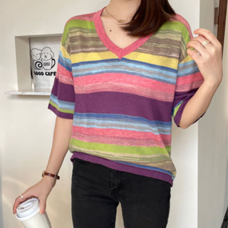 雅麗安娜 針織衫 T恤 上衣 M-2XL韓時尚V領彩虹條紋羊毛針織衫寬鬆中袖洋氣顯瘦上衣菲A009-9561.