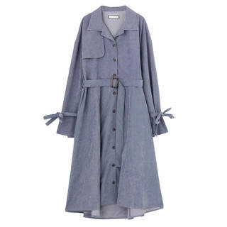 oO 奶油屋 Oo日本品牌JOUETIE麂皮絨薄款風衣外套洋裝-煙燻藍色(T)