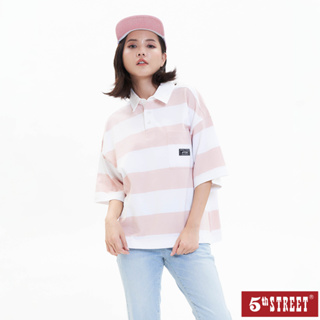 5th STREET 女裝舒適條紋POLO衫-粉紅(山形系列)