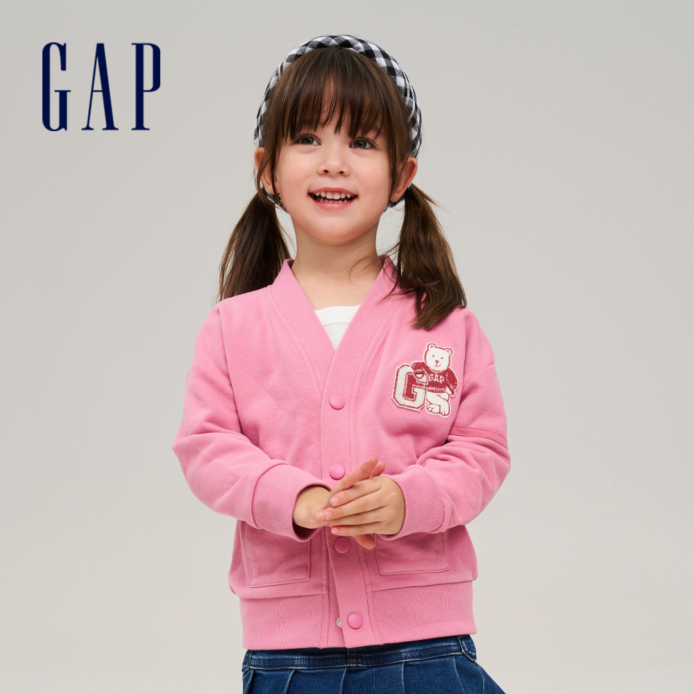 Gap 女幼童裝 Logo小熊印花V領長袖外套-粉紅色(788518)