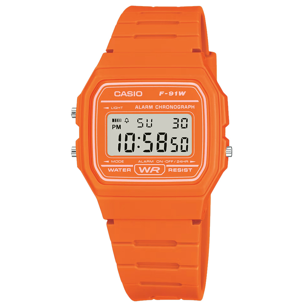 CASIO 卡西歐 / 方形繽紛 計時碼錶 鬧鈴 電子數位 橡膠手錶 橘色 / F-91WC-4A2 / 33mm