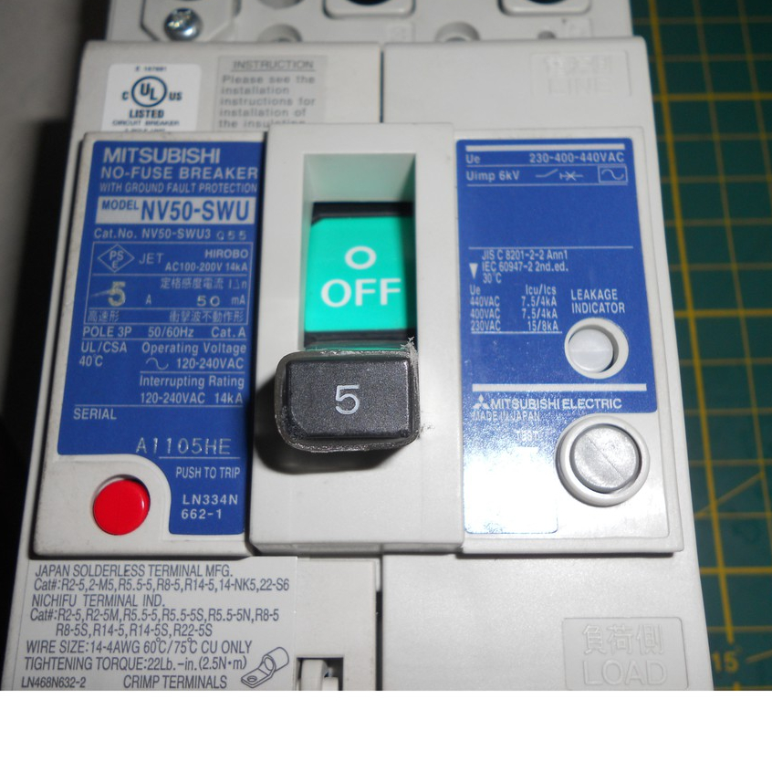 日本 三菱 NV50-SWU 漏電斷路器 漏電開關 3P 5A 50mA 100-440VAC適用 附保護蓋 (D2)
