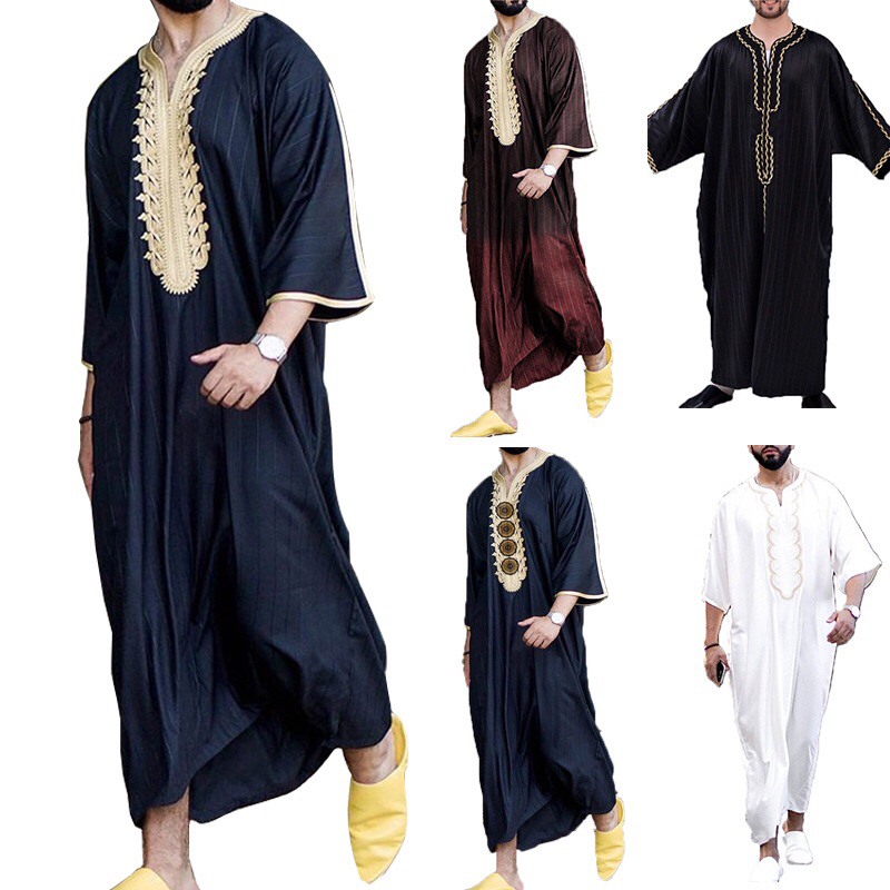 男裝民族風  連體衣  寬鬆休閒  V領短袖  印花穆斯林長袍