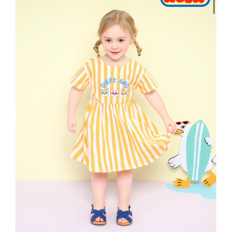 韓國Mollimelli✨90-130號 黃色條紋露背短袖洋裝 女童 洋裝 韓國童裝 夏天