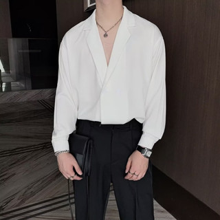 夏季西裝領襯衫男 薄款襯衣 韓版 潮流帥氣 純色 高階感 上衣 男 垂感上衣帥氣 長袖『癮品流行』