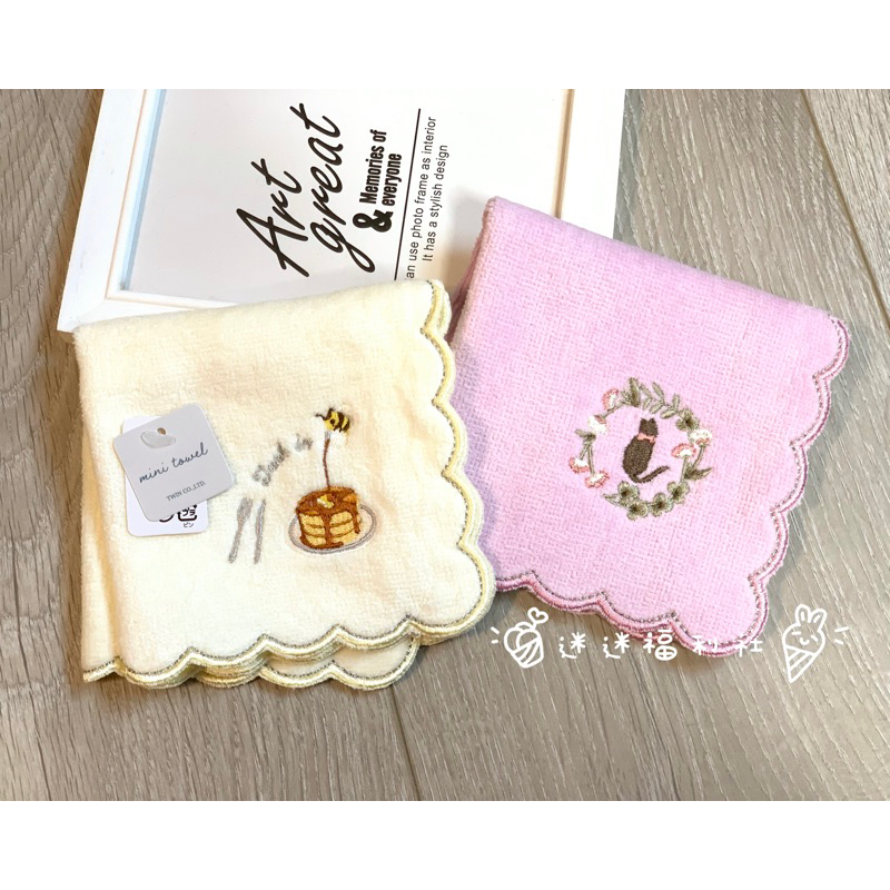 日本 蜂蜜鬆餅 貓咪剪影 波浪花邊刺繡 純棉小方巾 手帕 毛巾方巾