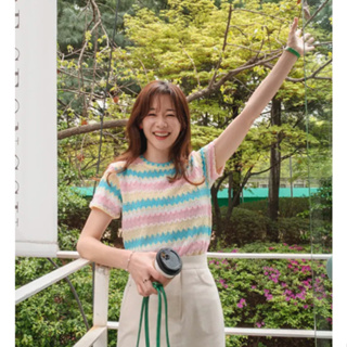 DREAM COLOR KR 一件免運 韓國代購 正韓女裝 漂亮配色波紋編織短袖上衣