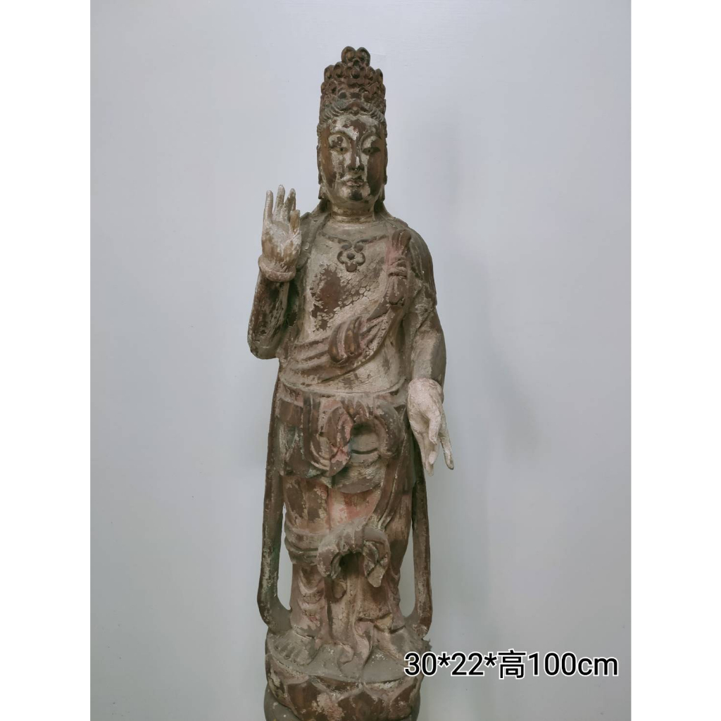 【佛教文物】敦煌佛像．宋木雕礦彩觀音立像．有年代! 上海古董商釋出~稀有珍貴老件!