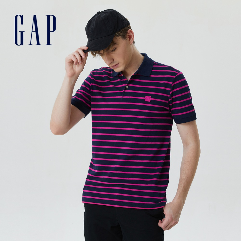 Gap 男裝 Logo商務條紋短袖POLO衫-藍粉條紋(610167)