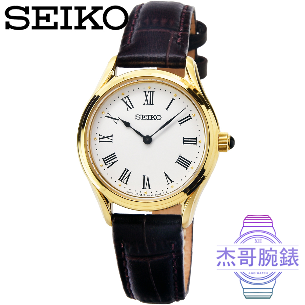 【杰哥腕錶】SEIKO精工藍寶石皮帶女錶-白面金框 / SWR072P1