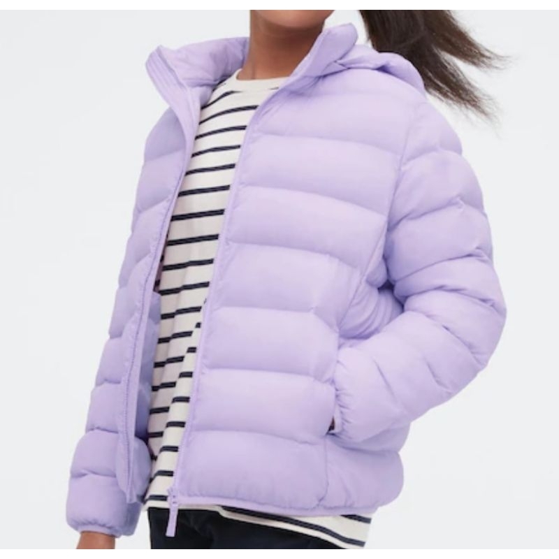 Uniqlo羽絨外套～160，淺紫色，軽くて暖かい、中綿入りパーカ。雨水が入りにくい仕様など、使い勝手の良い工夫が満載。