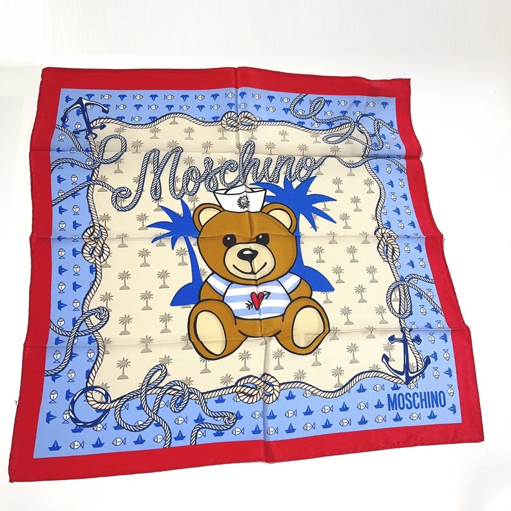 MOSCHINO 藍色可愛水手泰迪熊印花方形絲巾 (50X50)