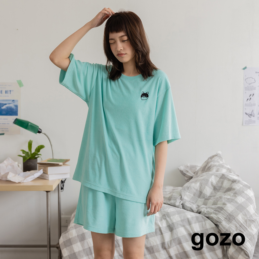 【gozo】◢厭世貓毛巾棉T好睏睡衣套裝(淺藍/深藍_F) | 女裝 圓領 休閒