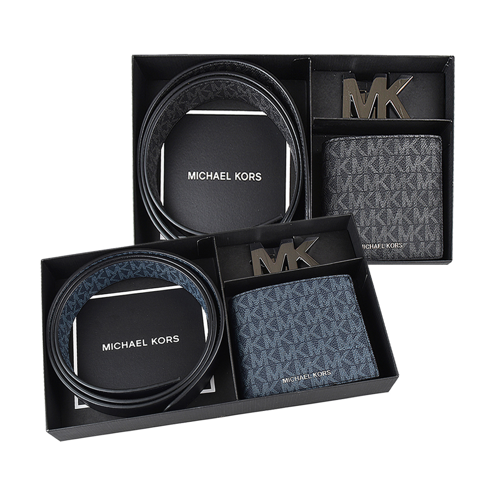 MK MICHAEL KORS金屬字母LOGO緹花PVC拼接牛皮雙面皮帶8卡對折短夾禮盒(黑)