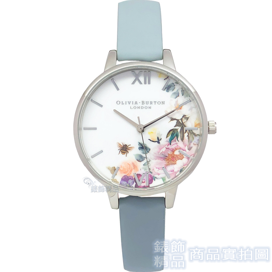 OLIVIA BURTON 手錶 OB16EG114 魔法花園 清新花卉蜜蜂印花 粉筆藍皮帶 34mm 女錶