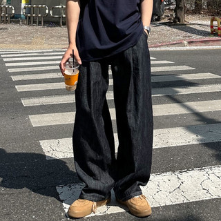 正韓薄款亞麻單褶線牛仔寬褲 深藍 YUPPIE 預購商品 0417