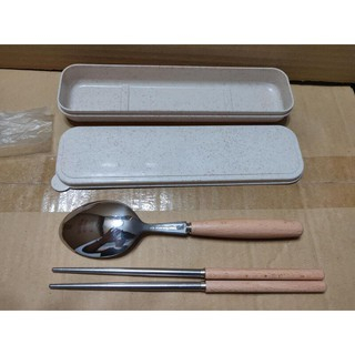 (板橋雜貨店) 304不鏽鋼餐具組 木質握柄(筷子+湯匙+小麥桔梗收納盒)