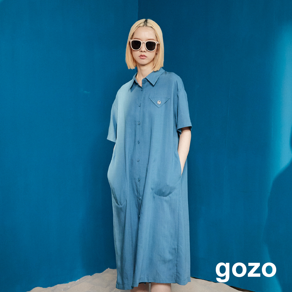 【gozo】天絲開襟襯衫式長洋裝(藍色/深藍_F) | 女裝 修身 百搭