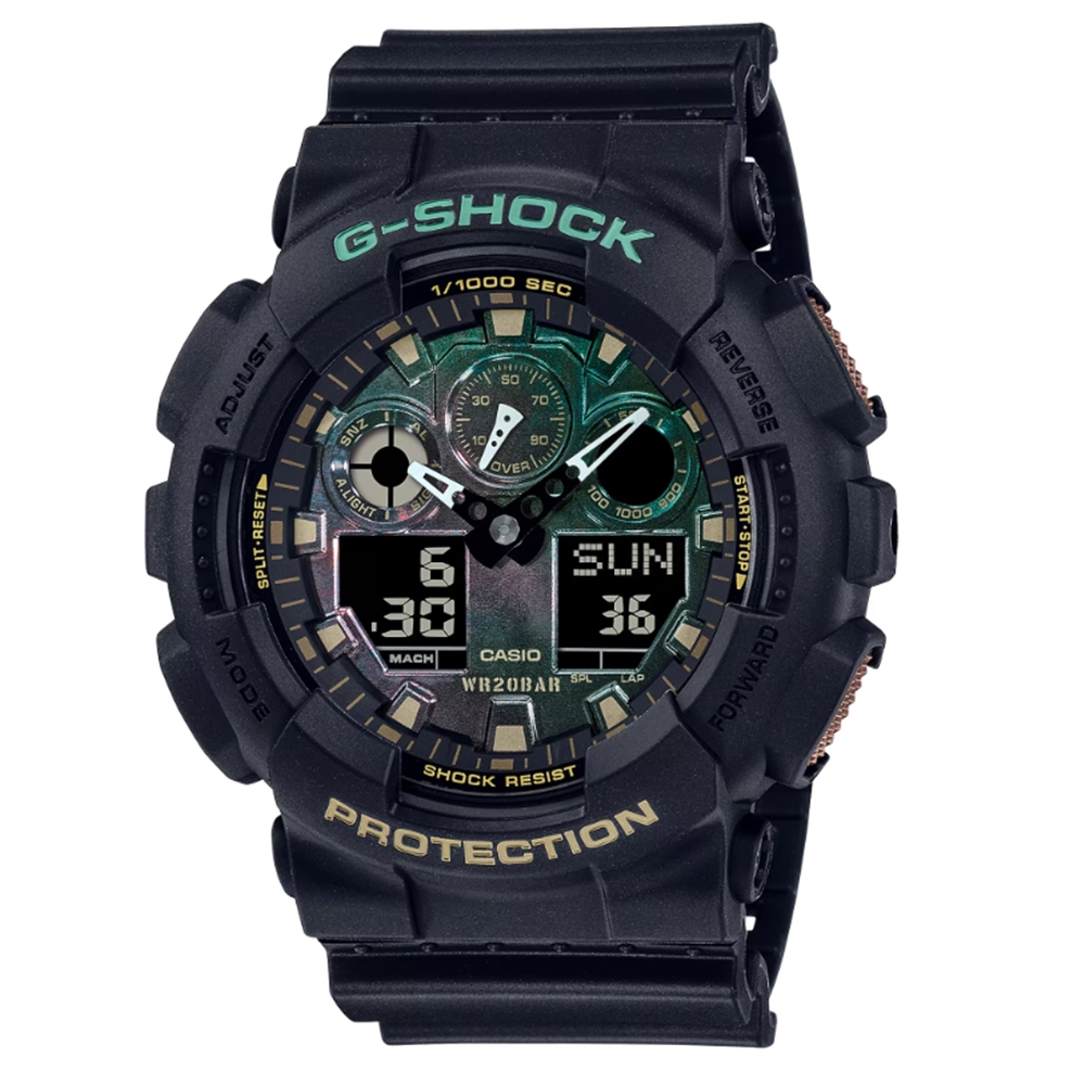 【CASIO】卡西歐 G-SHOCK新古典金屬質感雙顯手錶 黑X綠X棕 GA-100RC-1A  台灣卡西歐保固一年