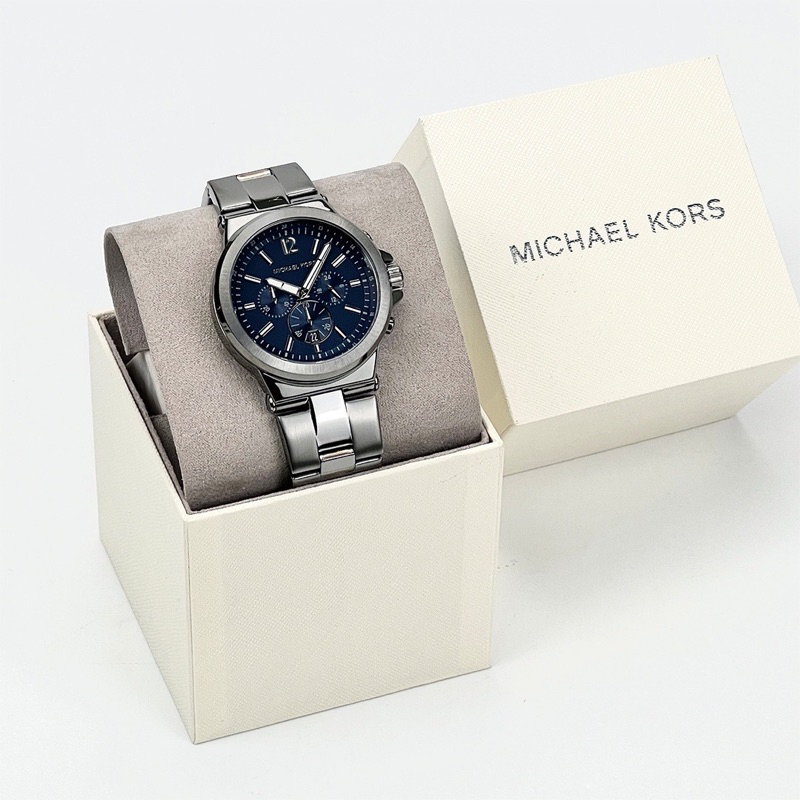 【NEW START精品服飾-員林】Michael Kors MK 8775 藍鏡面 鐵灰錶帶 三眼腕錶 手錶 男錶