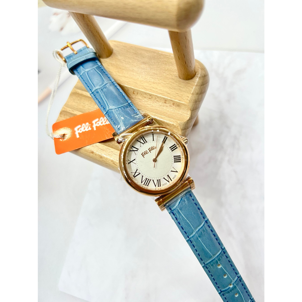 Folli follie公司貨保固精品錶 簡約三針薄款 WF14R029SPS 玫瑰金X藍色皮帶