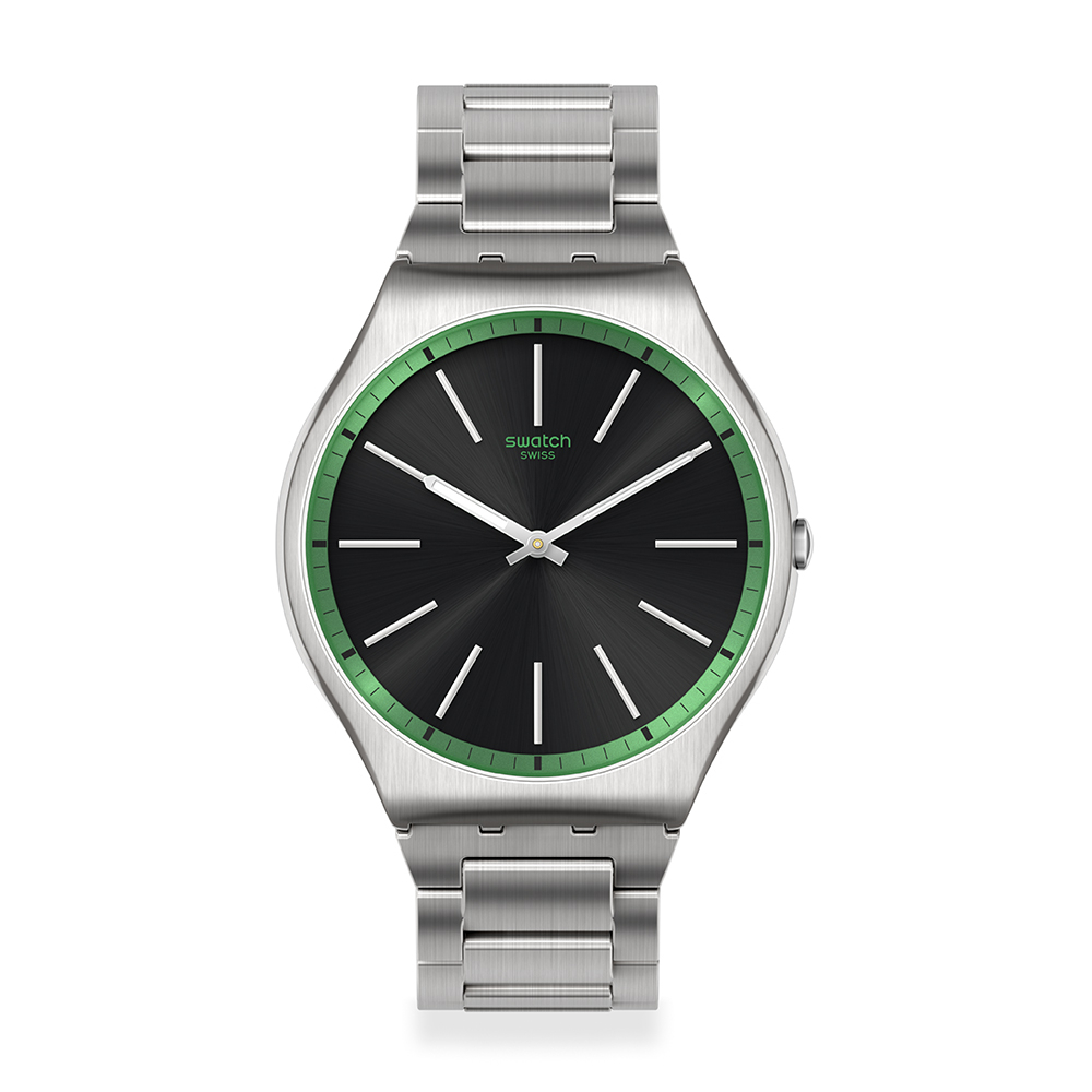 【SWATCH】Skin Irony 超薄金屬 手錶 綠 GRAPHITE (42mm) 瑞士錶 SS07S128G
