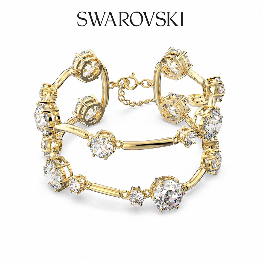 SWAROVSKI 施華洛世奇 Constella 雙圈手鐲 圓形切割, 白色, 鍍金色色調