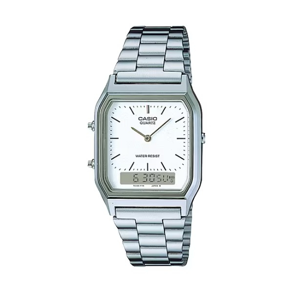 【CASIO 卡西歐】經典復古簡約單針時標時尚雙顯腕錶-銀 AQ-230A-7D