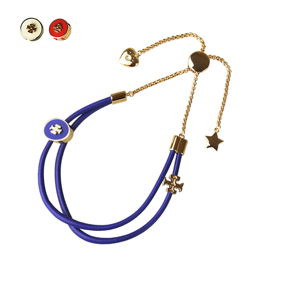 TORY BURCH Kira壓印LOGO圓形琺瑯搭T字設計牛皮雙層手鍊(多色)