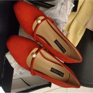 D+AF 紅色瑪莉珍鞋 娃娃鞋 珍珠 低跟鞋