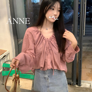 ANNE｜韓版寬鬆V領綁帶長袖上衣【AT10241】長袖襯衫 V領襯衫 V領上衣 長袖 綁帶 泡泡袖 防曬上衣 顯瘦 女