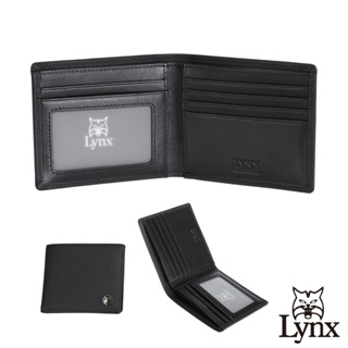 【Lynx】美國山貓十字紋精選牛皮5卡透明窗短夾-黑色 LY16-2171-99