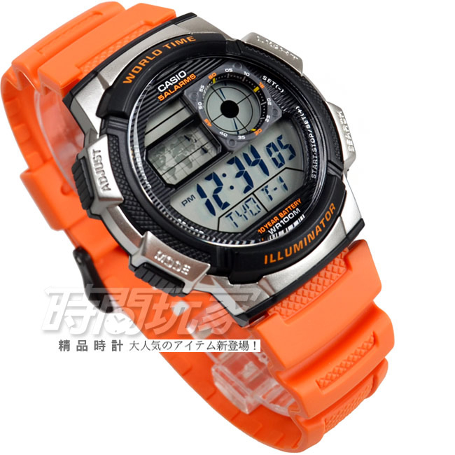 CASIO卡西歐 AE-1000W-4B 原價1210 10年電力 飛機儀表板造型 電子錶 橘色 世界時間【時間玩家】