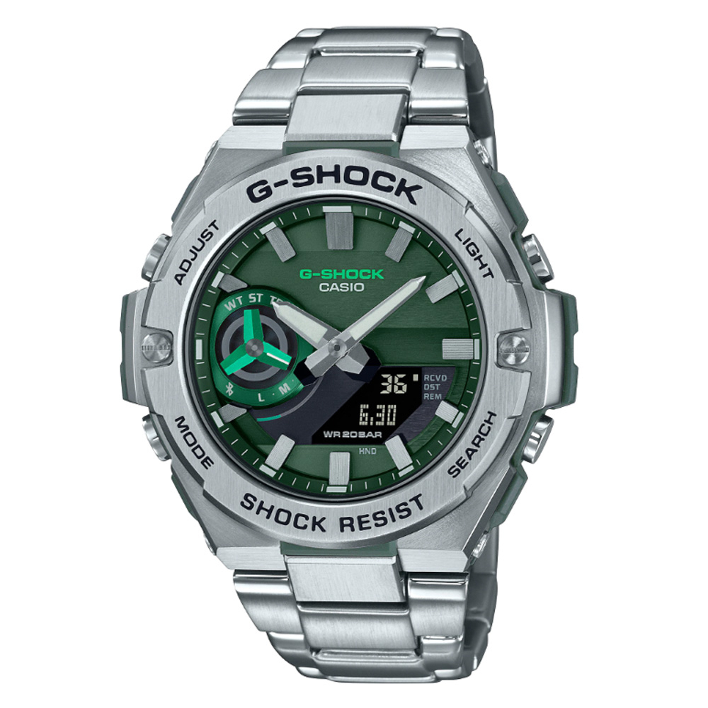 【聊聊甜甜價】CASIO卡西歐 G-SHOCK 太陽能x藍牙連線 強悍碳纖維雙顯腕錶-綠 GST-B500AD-3A