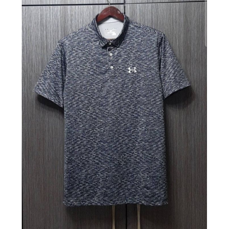 美版正品UNDER ARMOUR 安德瑪 LOOSE 男深藍雜訊吸濕排汗短袖POLO衫M