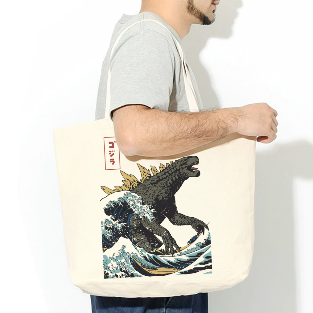Godzilla Hokusai Monster 授權帆布環保大購物袋 米白 帆布袋潮流哥吉拉怪獸服飾浮世繪日本武士海嘯