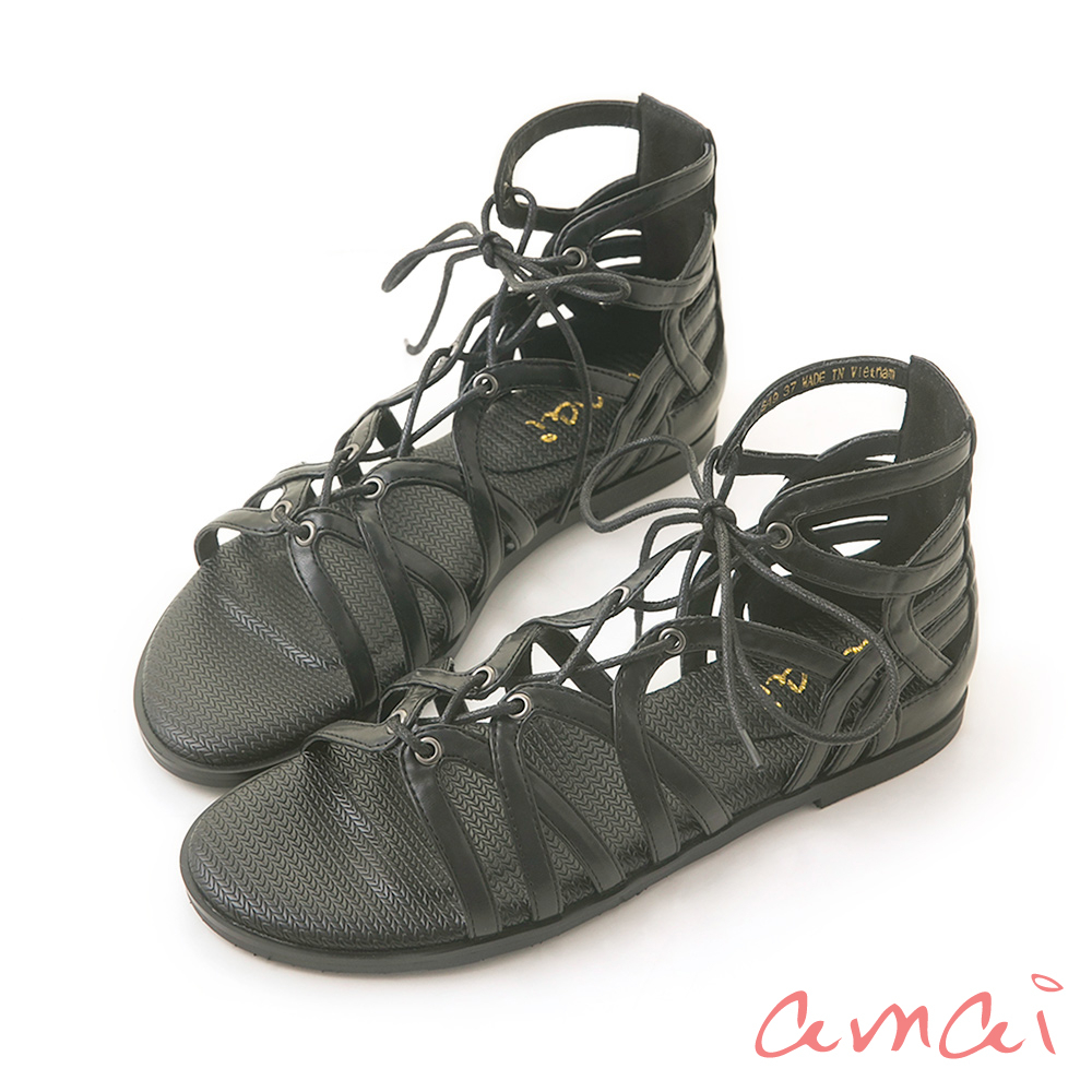 amai 時尚鏤空羅馬平底涼鞋 低跟涼鞋 羅馬涼鞋 羅馬鞋 民族風 度假風 性感 百搭 設計感 大尺碼 黑色 S49BK