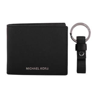 MICHAEL KORS-銀字MK防刮8卡短夾+鑰匙圈禮盒(素面黑)