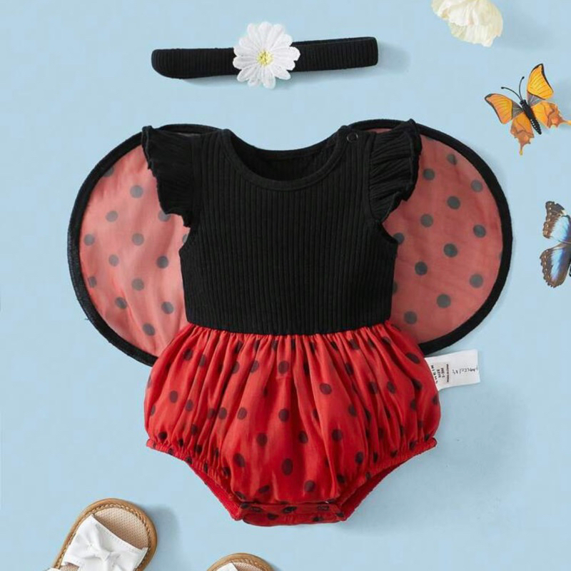 嬰兒波爾卡圓點撞色網眼翼細節服裝連體衣帶配件頭帶 Baby Polka Dot Costume Bodysuit