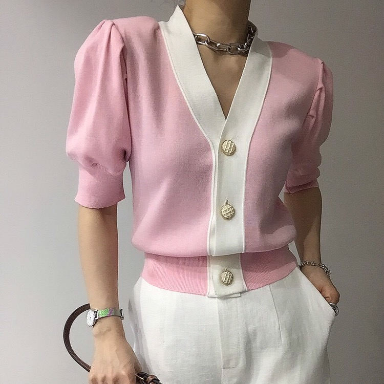 胖胖美依 小香風上衣 罩衫 短袖上衣 V領上衣 小外套 薄款冰絲針織衫外套 短袖上衣2F099.4336