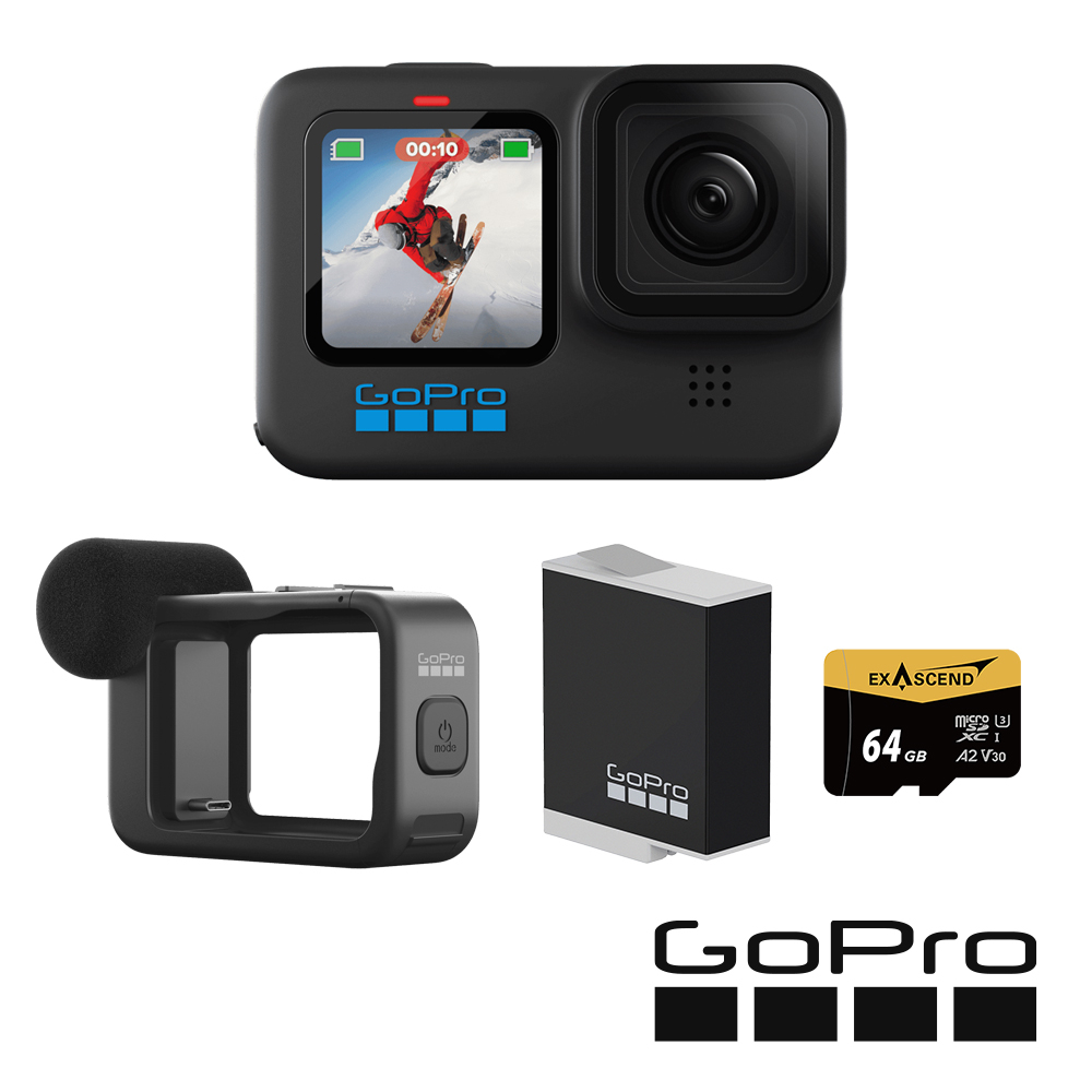 【GoPro】HERO 10 Black Vlog專業輕裝組 (主機+Enduro充電電池+媒體模組+記憶卡) 公司貨
