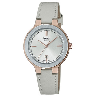 【CASIO 】SHEEN簡約奢華髮絲紋錶框設計藍寶石水晶玻璃皮帶腕錶-米白(SHE-4559GBL-7A)正版公司貨