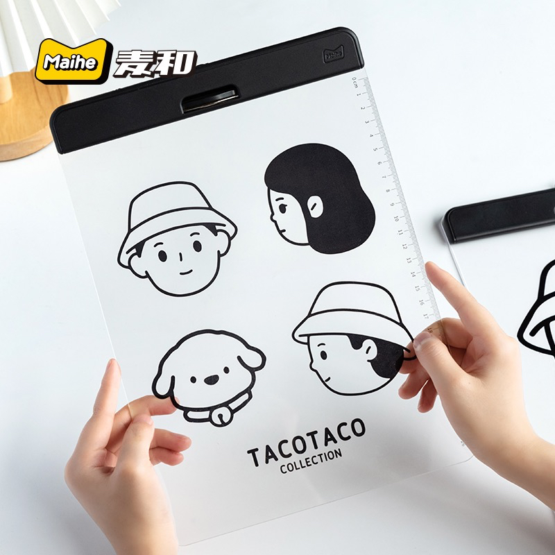 現貨 TacoTaco 壓克力文件夾透明墊板 得力摺頁平板夾可愛卡通寫字板固定畫畫板