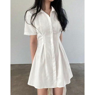 現貨 純欲皺摺襯衫洋裝 白色洋裝 束腰造型 襯衫 韓國姊姊 傘狀裙襬 傘狀洋裝