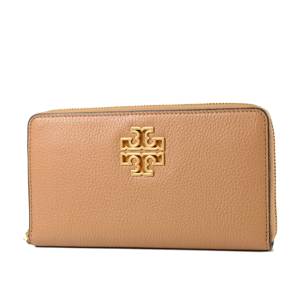 TORY BURCH BRITTEN 縷空LOGO荔枝紋拉鍊長夾-棕色/附證件夾【美國正品 現貨】