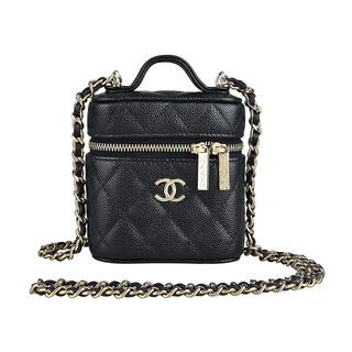 CHANEL金字雙C LOGO菱格搭荔枝紋設計牛皮拉鍊鏈袋手提斜背包(黑)